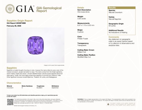 JV-001-708K GIA report for JV-001-708K: a natural Sri Lankan corundum sapphire, 30.16 ct, cushion-cut with crown brilliant and pavilion modified step cut, in pinkish purple.