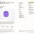 GIA report for JV-001-708K: a natural Sri Lankan corundum sapphire, 30.16 ct, cushion-cut with crown brilliant and pavilion modified step cut, in pinkish purple.