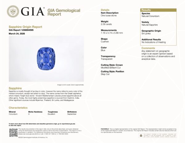 JV-001-709K-G GIA Report JV-001-709K-G GIA Report for a 20.10 ct oval blue sapphire from Sri Lanka, detailing measurements, cut, color, transparency, origin, and species.