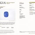 JV-001-709K-G GIA Report for a 20.10 ct oval blue sapphire from Sri Lanka, detailing measurements, cut, color, transparency, origin, and species.