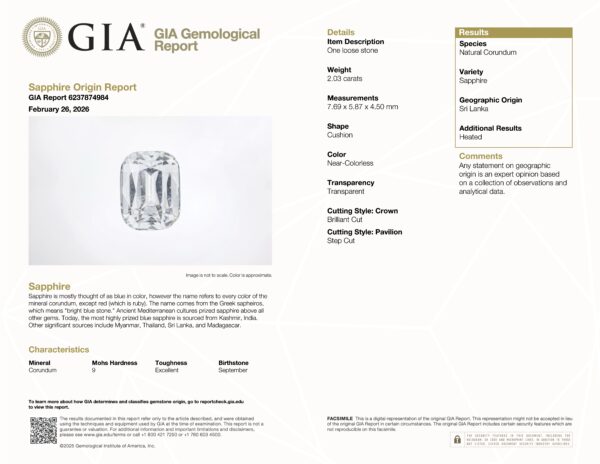 JV-001-710T GIA gemological report for JV-001-710T, a transparent, cushion-shaped Sri Lankan sapphire, 2.03 carats, brilliant cut, with no color observations.