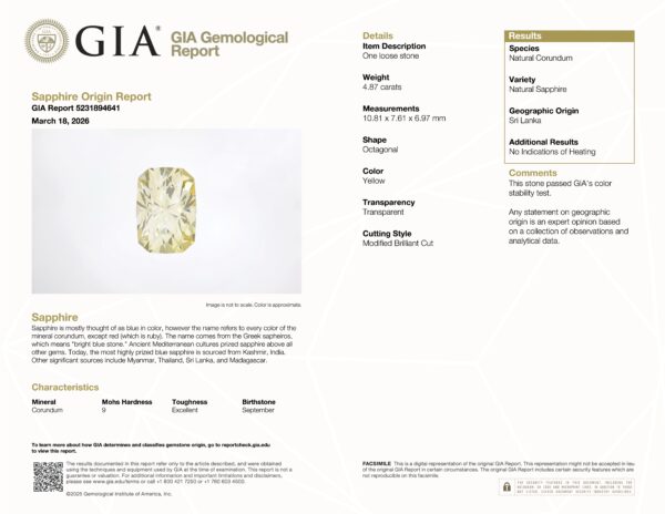 JV-001-718H-G GIA Report JV-001-718H-G GIA Report: 4.87 ct natural yellow sapphire, oval mixed cut, Sri Lanka origin, no heating detected; report issued March 18, 2026.
