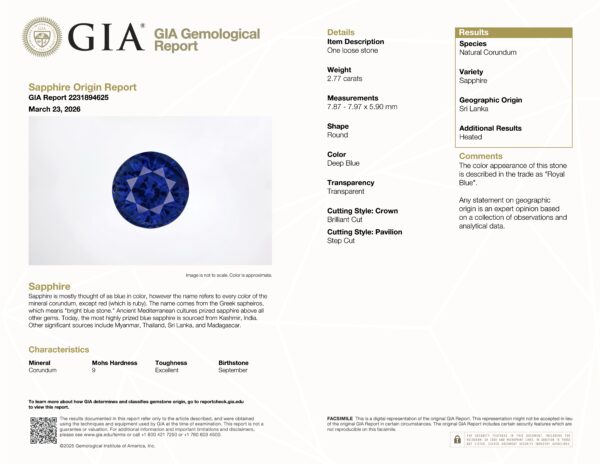 JV-001-738K-G GIA Report The JV-001-738K-G GIA Report details a deep blue round sapphire from Sri Lanka, including its origin, characteristics, cutting style, and a description of its color and appearance.