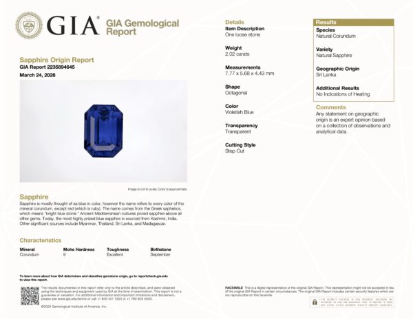 JV-001-749K-G GIA Report JV-001-749K-G GIA Report for a natural corundum sapphire, 7.02 ct, violetish blue, from Sri Lanka, includes weight, measurements, color, clarity, and transparency details.
