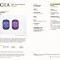 JV-001-751K-G GIA Report for two cushion-cut sapphires (blue-violet and purple-violet) with detailed gemological characteristics and Sri Lanka origin information.