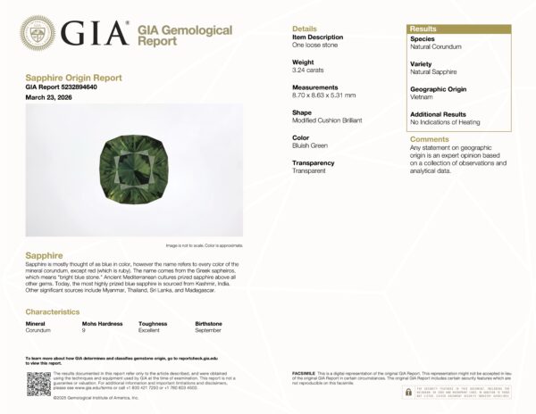 JV-001-753T-G GIA Report JV-001-753T-G GIA Report: Cushion brilliant sapphire from Vietnam, 8.24 carats, blush green color, no indications of heating.