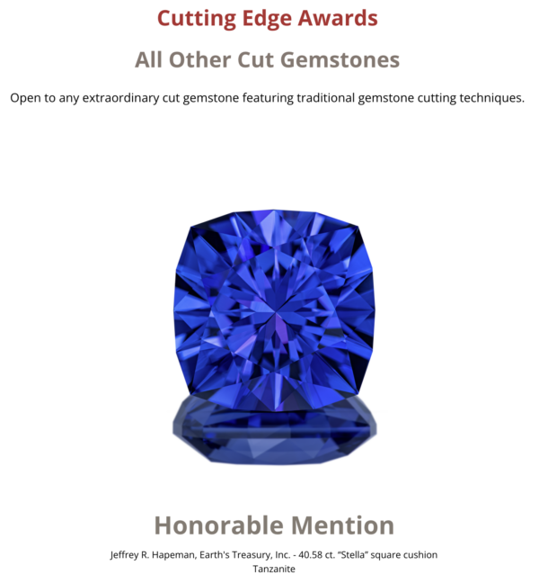 AGTA content Spectrum Cutting Edge 2025 ET-004-433B content A vivid blue 40.58 ct cushion-cut tanzanite, "Screenshot 2026-03-03 at 8.39.07 AM," received Honorable Mention in the Cutting Edge Awards for other cut gemstones.