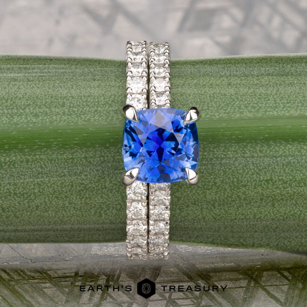 The "Adams, Daniel 1 & 2" ring, featuring a cushion-cut blue gemstone and two diamond bands—ideal as a wedding ring—is displayed on a green plant stem with the "Earth's Treasury" logo at the bottom.