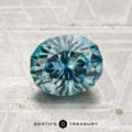 A 1.69-carat heated Montana sapphire, showcasing an oval cut and blue-green hue, rests on a textured metallic surface with "EARTH'S TREASURY" at the bottom.