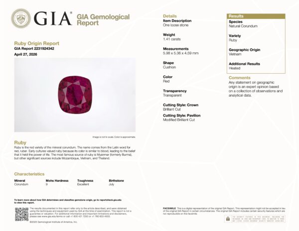 JV-001-719K GIA Report JV-001-719K GIA Report for a 1.41 ct natural corundum ruby from Vietnam, including a photo of the oval mixed cut stone and detailed information on its characteristics and origin.