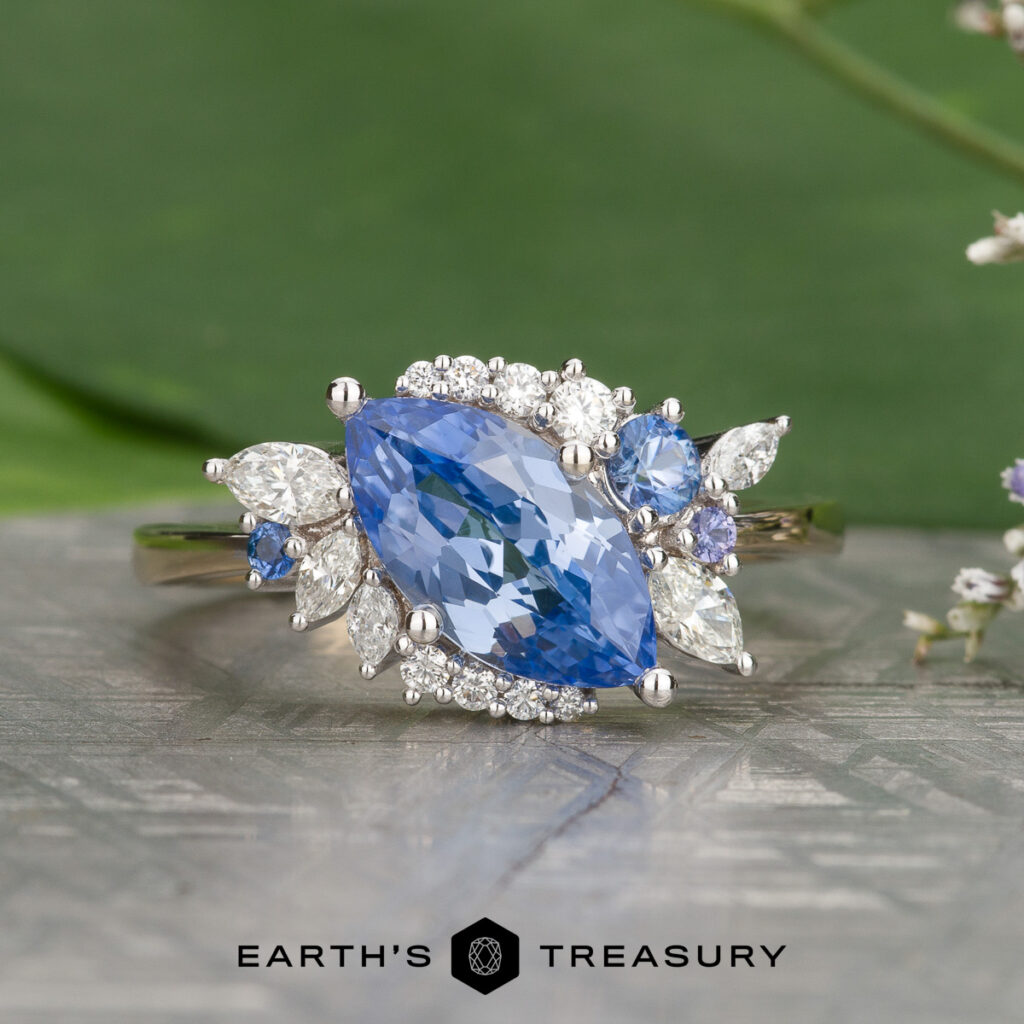 The Winans, Elizabeth (Betsy) 4 custom gallery ring features a marquise-cut blue sapphire with diamond and gemstone accents in silver, showcased on a textured surface with greenery behind and the Earth's Treasury logo below.
