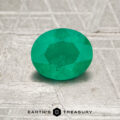 A 0.70-carat Colombia emerald (oiled), faceted and green, rests on a textured metallic surface with "EARTH'S TREASURY" at the bottom.