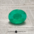 A 0.75-carat Colombia emerald (oiled), oval-cut, is displayed on a textured gray surface with "EARTH'S TREASURY" at the bottom.