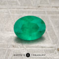 A 0.81-carat oval-cut Colombia emerald (oiled) rests on a textured metallic surface, with "EARTH'S TREASURY" displayed at the bottom.