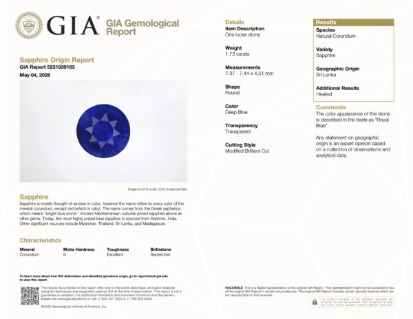 JV-001-745K GIA Report JV-001-745K GIA Report: Natural Ceylon Sapphire from Sri Lanka, 1.73ct, round modified brilliant cut, vivid blue color.