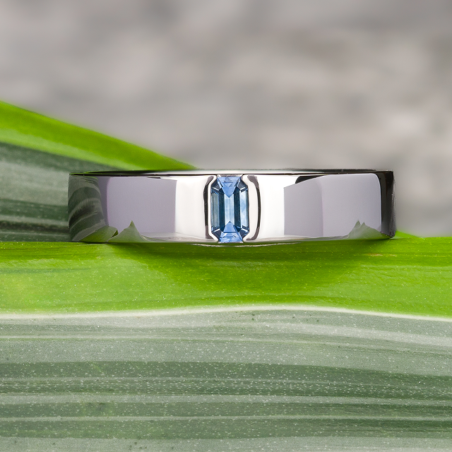 The Shop-Mnes_Unisex-Bands-sqr features a silver ring with a rectangular blue gemstone center, showcased on a green striped leaf with a blurred backdrop—ideal inspiration for custom wedding bands.