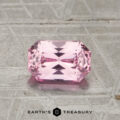 A 1.15-carat unheated pink sapphire with a rectangular, faceted cut rests on a textured gray metallic surface, with the text "EARTH'S TREASURY" beneath it.