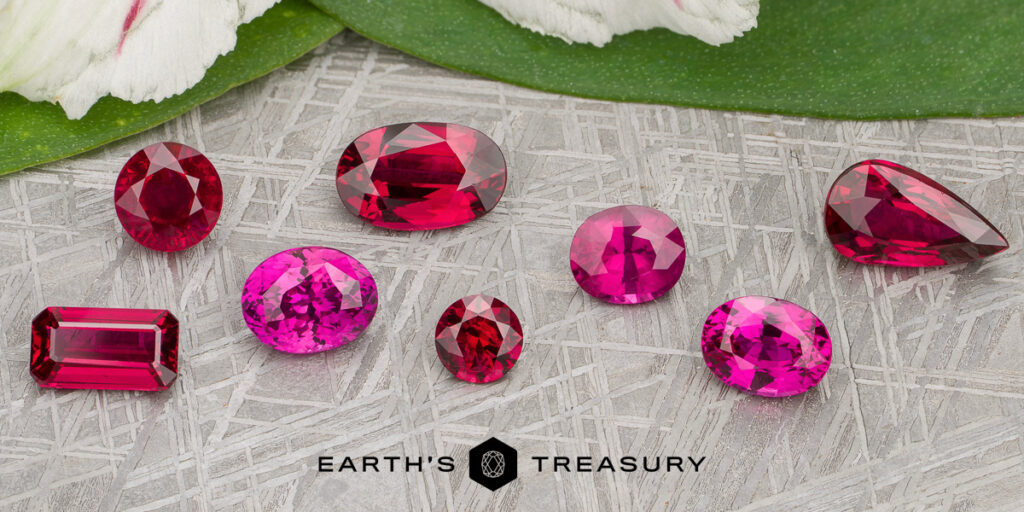 A set of nine red and pink cut gemstones from "Stacked from 22 images. Method=B (R=7,S=2)" is displayed on a textured surface with leaves in the background; the "Earth's Treasury" logo appears at the bottom.