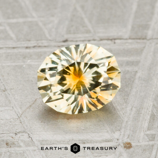 A 1.40-carat Montana sapphire, round and yellow with brilliant faceting, rests on a textured gray surface above the "EARTH'S TREASURY" text and hexagon logo.