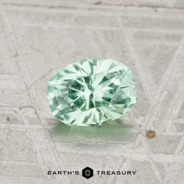 A 0.76-carat Maine tourmaline gemstone rests on a textured gray metallic surface with the text "EARTH'S TREASURY" at the bottom.