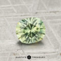 A 1.15-carat Montana Sapphire with a pale green faceted cut is displayed on a textured grey surface, featuring the text "EARTH'S TREASURY" at the bottom.