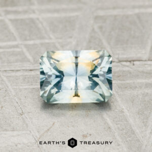 A 0.91-carat Montana Sapphire, cut in a rectangular faceted shape with blue and yellow hues, rests on a textured gray surface. "EARTH'S TREASURY" is shown at the bottom.