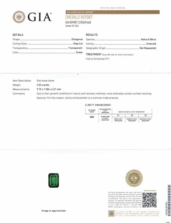 EE2020C JM-001-381C-X GIA report details for product EE2020C JM-001-381C-X: green, step cut, loose stone, 2.02 ct, clarity enhanced, measuring 9.75 x 7.28 x 4.31 mm.