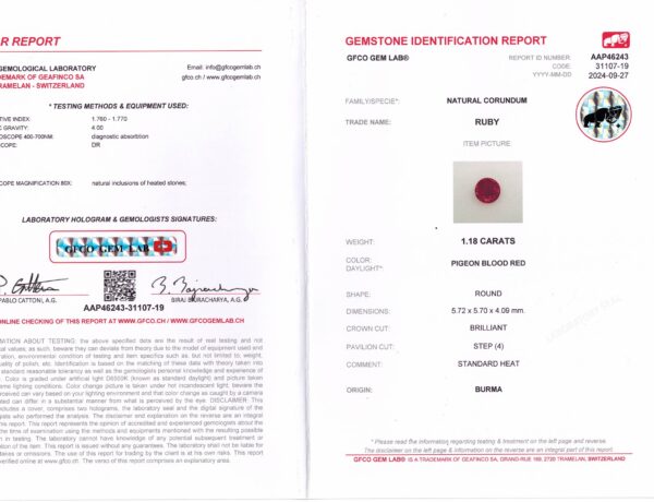 RR1181C JM-001-371C-X The RR1181C JM-001-371C-X report covers a 1.18-carat natural Burmese Pigeon Blood Red ruby, featuring a lab hologram, signatures, and detailed report information.