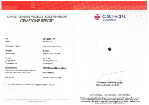 RR1380 - JM-001-342C-X Gemstone report for product RR1380 - JM-001-342C-X: 1.38 ct natural ruby from Mozambique, with certification, photo of the ruby, and official signatures.