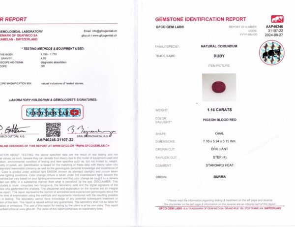 RV1160 - JM-001-347C-X An identification report for product RV1160 - JM-001-347C-X: a 1.16 ct natural ruby from Burma, includes gemstone image, origin, color, cut details, and laboratory signatures.