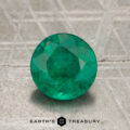 1.04-Carat Emerald gemstone, round faceted and green, shown on a metallic background with "Earth's Treasury" text and logo at the bottom.