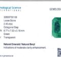 A gemological report for product EEW2450C JM-001-408C-X, a 2.45 ct natural emerald loose stone with an octagonal step cut, green color, transparent clarity, and measurements of 8.77 x 7.52 x 5.18 mm.