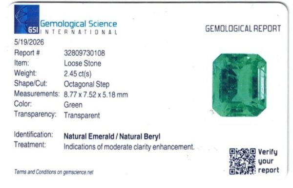 EEW2450C JM-001-408C-X A gemological report for product EEW2450C JM-001-408C-X, a 2.45 ct natural emerald loose stone with an octagonal step cut, green color, transparent clarity, and measurements of 8.77 x 7.52 x 5.18 mm.