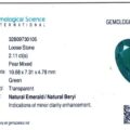 A gemological report for product EPAJ2120C JM-001-405C-X: a natural emerald, 2.11 carats, pear mixed cut, measuring 10.68 x 7.31 x 4.78 mm, transparent green, with minor clarity enhancement.