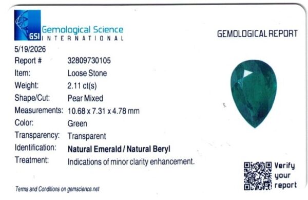 EPAJ2120C JM-001-405C-X A gemological report for product EPAJ2120C JM-001-405C-X: a natural emerald, 2.11 carats, pear mixed cut, measuring 10.68 x 7.31 x 4.78 mm, transparent green, with minor clarity enhancement.