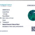 A GSI gemological report for product ERAJ1050C JM-001-392-X (1.04 ct round mixed natural emerald, green, transparent, minor clarity enhancement) with QR code and emerald image.