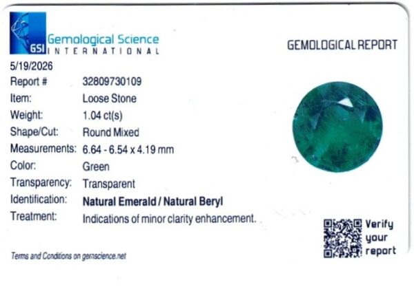 ERAJ1050C JM-001-392-X A GSI gemological report for product ERAJ1050C JM-001-392-X (1.04 ct round mixed natural emerald, green, transparent, minor clarity enhancement) with QR code and emerald image.