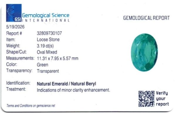 EV3190C JM-001-410C-X Gemological report card for Product EV3190C JM-001-410C-X: a loose natural emerald, 3.19 carats, oval mixed cut, green color, measuring 11.31 x 7.95 x 5.57 mm, with minor clarity enhancement.
