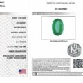 A gemstone report for product EV3190C JM-001-410C-X(1), detailing a natural oval mixed cut emerald weighing 3.19 carats, accompanied by an image of the green gemstone above the note: "Photograph not to scale.