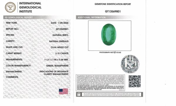 EV3190C JM-001-410C-X(1) A gemstone report for product EV3190C JM-001-410C-X(1), detailing a natural oval mixed cut emerald weighing 3.19 carats, accompanied by an image of the green gemstone above the note: "Photograph not to scale.