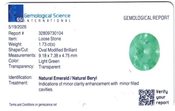 EVRG1730C JM-001-390-X Gemological report for EVRG1730C JM-001-390-X: loose oval modified brilliant cut natural emerald, 1.73 ct, light green, transparent, minor clarity enhancement with filled cavities.