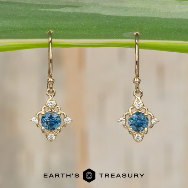 Stacked from 16 images. Method=B (R=7,S=2) Stacked from 16 images using Method=B (R=7, S=2), these gold drop earrings feature blue center gemstones with white accent stones and are displayed hanging from a green leaf. The "EARTH'S TREASURY" logo and text appear at the bottom of the image.