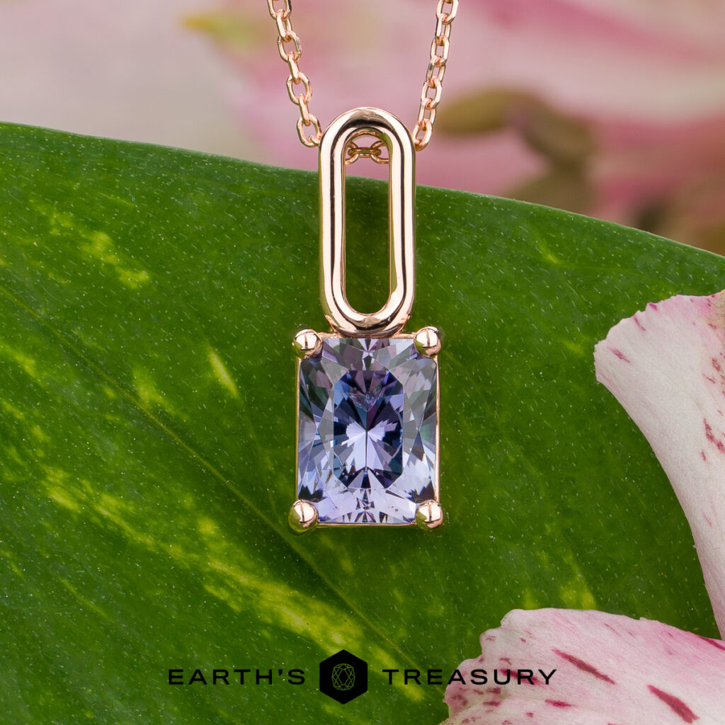 A rectangular, faceted violet gemstone pendant with a gold setting hangs on a gold chain, displayed on a green leaf with pink flower petals. The bottom features the logo and text "EARTH'S TREASURY" along with the product name: "Stacked from 15 images. Method=B (R=7,S=2)".