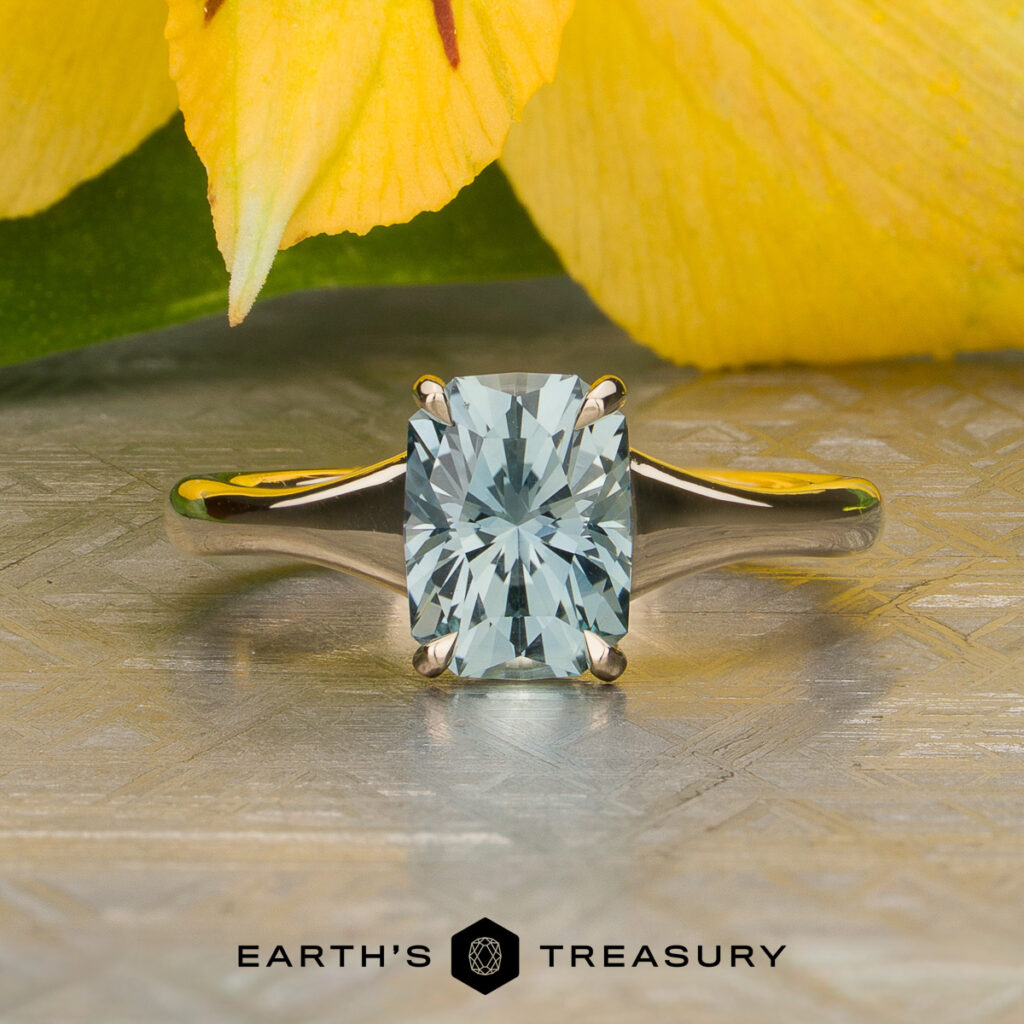 A rectangular-cut gemstone ring from the Hubbard, Tristan [custom gallery] collection, featuring a silver band, is displayed in front of a yellow flower on a textured surface. The "Earth's Treasury" logo and text appear below.
