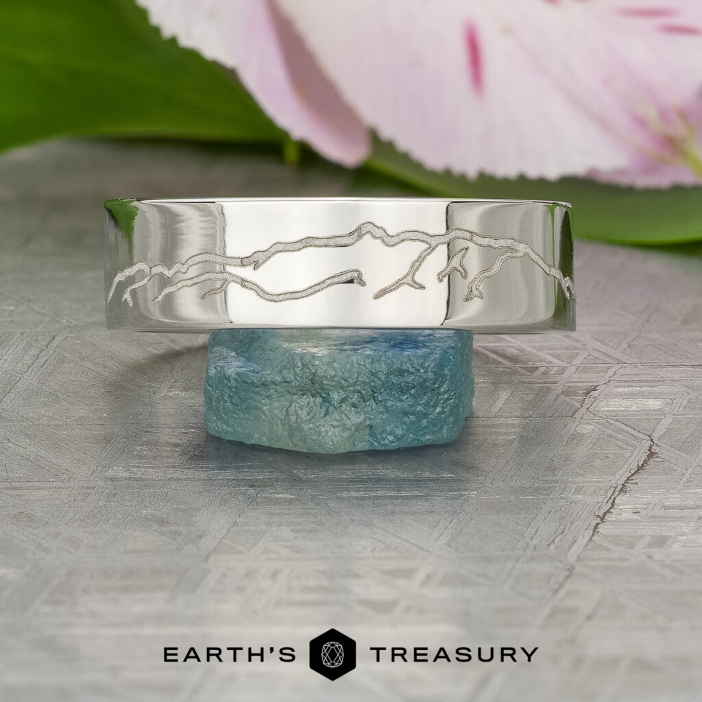 A ring titled “Stacked from 20 images. Method=B (R=14,S=2)” featuring a detailed mountain engraving is displayed on a blue-green rough gemstone, with a pink flower in the background. The text “EARTH’S TREASURY” appears below the ring.