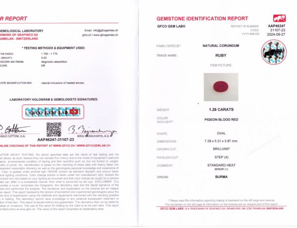 RV1280C JM-001-428C-X Gemstone identification report for RV1280C JM-001-428C-X: a 1.28 carat natural ruby from Burma, pigeon blood red color, oval shape, brilliant cut, including an image of the gemstone and laboratory details.