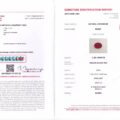 Gemstone identification report for RV1280C JM-001-428C-X: a 1.28 carat natural ruby from Burma, pigeon blood red color, oval shape, brilliant cut, including an image of the gemstone and laboratory details.